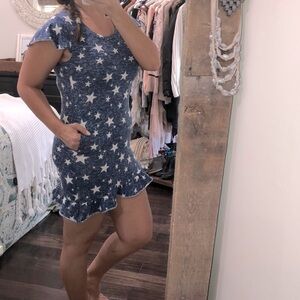 Pj Couture small blue white star print cozy dress